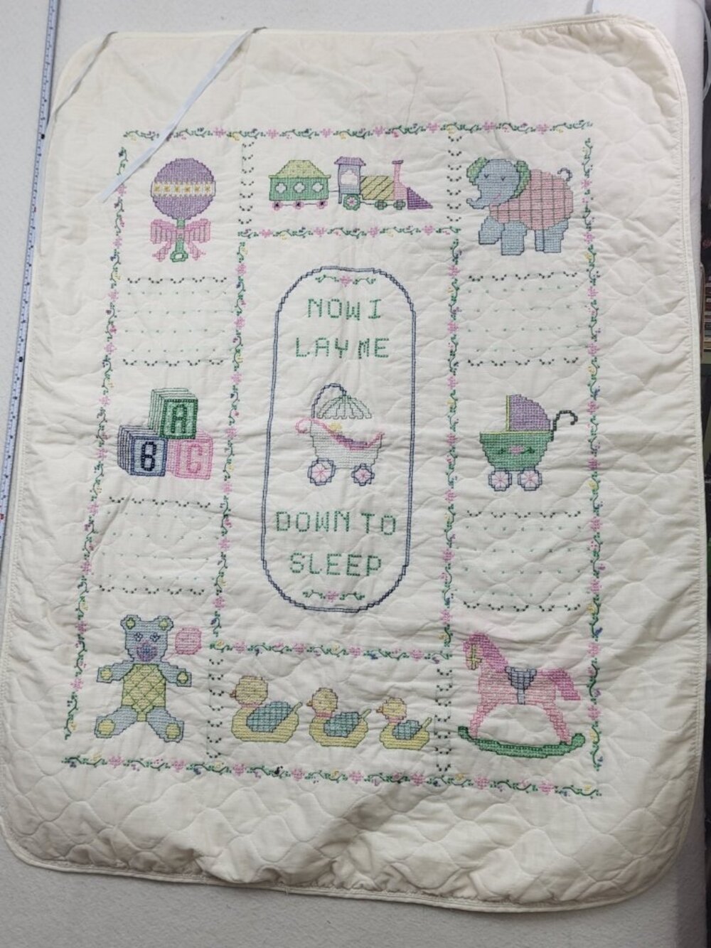 Vintage Baby Wall Hang Now I Lay me Completed Cross Stitch Quilted Nursery Decor